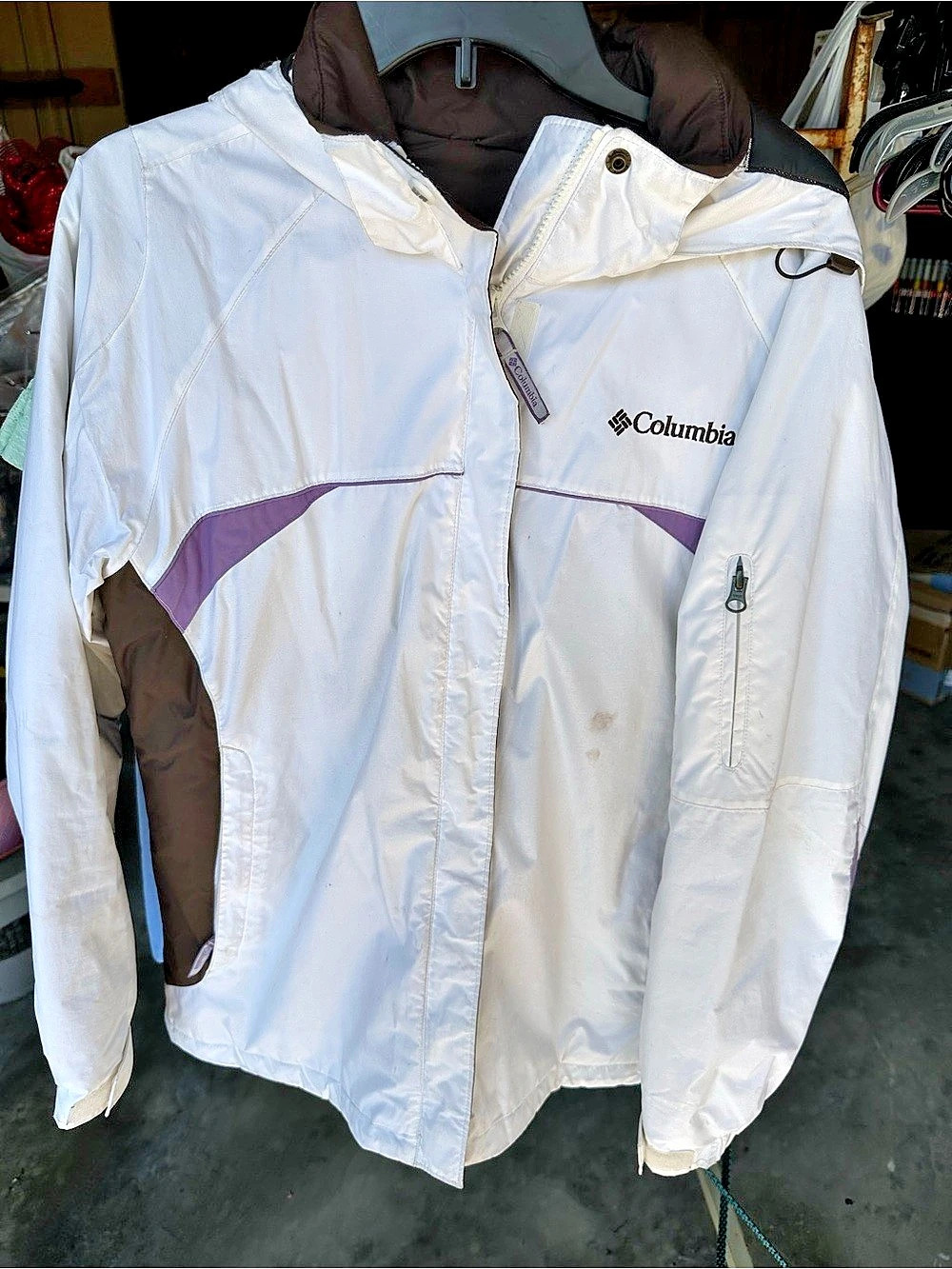 Columbia Color Block Ski Jacket in White, Purple & Brown